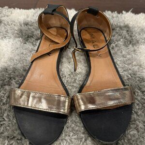MALLY Leather Sandals Black & Metallic Strap Minimalist Heels